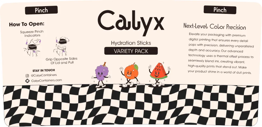 The front of the CALYX HYDRATION STICKS label