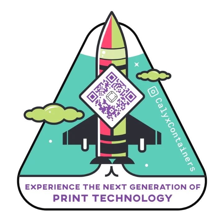 The CALYXFX QR label: a rocket with a QR code framed in holographic spot foil