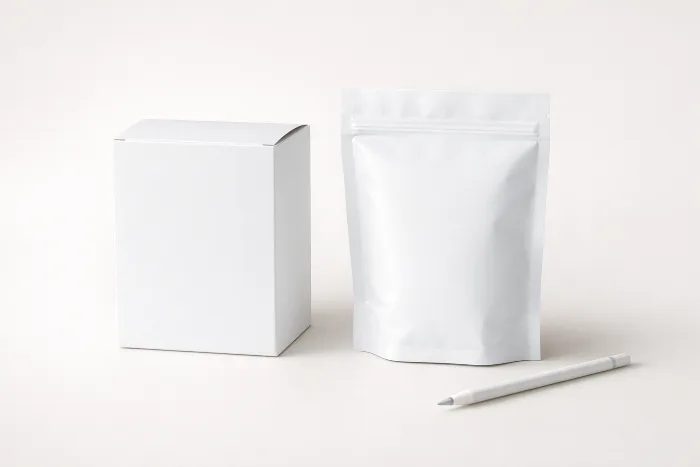A blank white folding carton and a blank stand-up pouch on a studio surface beside a stylus — artwork not yet applied.