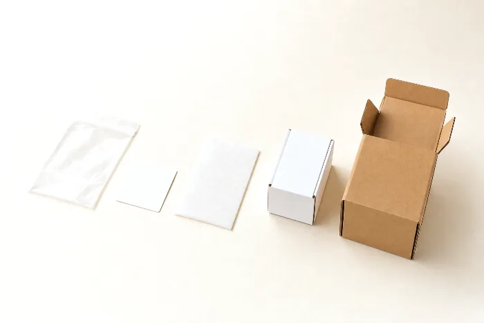 Blank white carton surrounded by an open clear poly bag, blank label square, cushioning pad, and kraft shipping box on off-white paper.