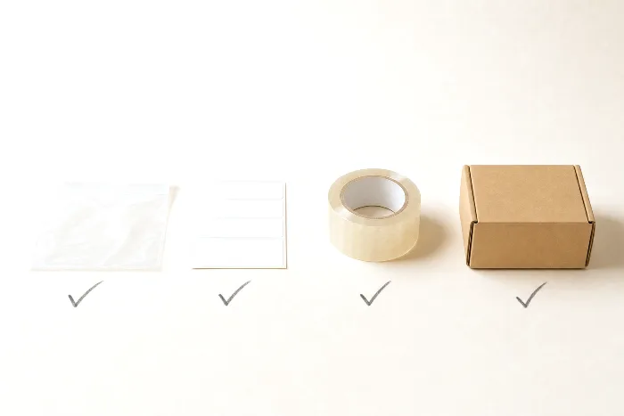 Clear poly bag, blank label sheet, tape roll, and small kraft carton in a row, each with a pencil tick mark on the paper beneath it.