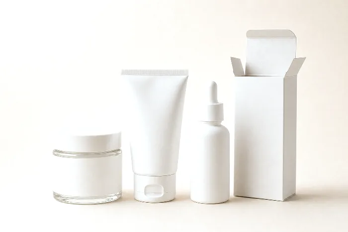 Blank glass jar, squeeze tube, dropper bottle, and open unprinted folding carton arranged in a row on warm paper.