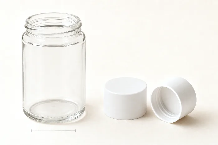 Close-up of a bare glass bottle neck with molded threads and two blank white caps of different heights beside it.