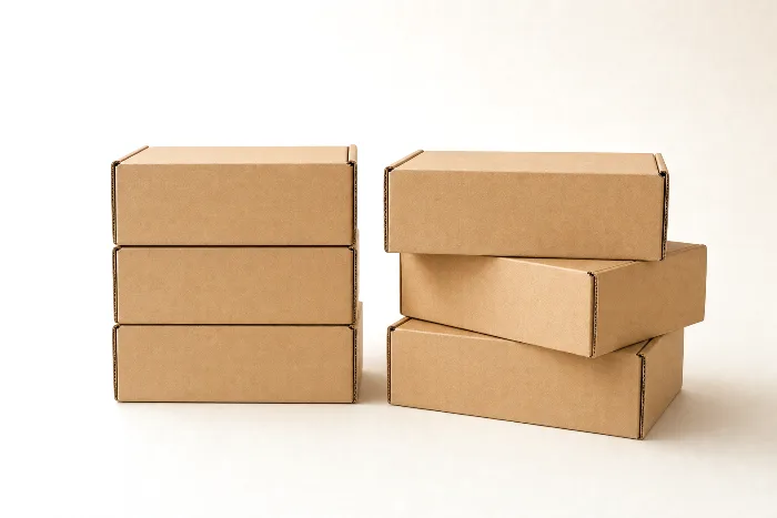Two stacks of blank kraft boxes, one column-aligned corner over corner, one interlocked with each layer rotated.