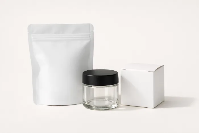 Three blank child-resistant cannabis packaging formats: a mylar stand-up pouch, a glass jar with a black lid, and a small folding carton.