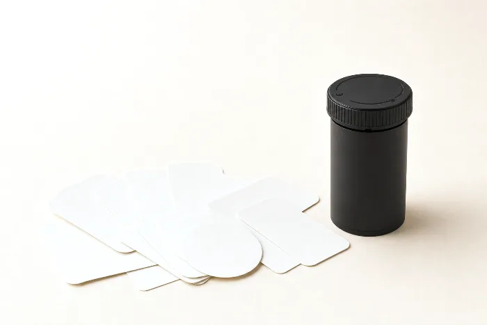 Matte black child-resistant jar beside a fan of blank die-cut label blanks on warm off-white paper.