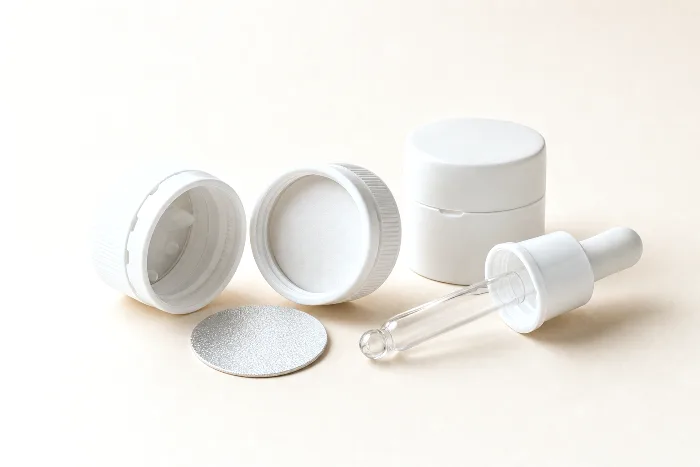 Blank caps on paper: a child-resistant cap tipped open, an upturned cap showing its liner, a glass dropper, and a foil seal disc.