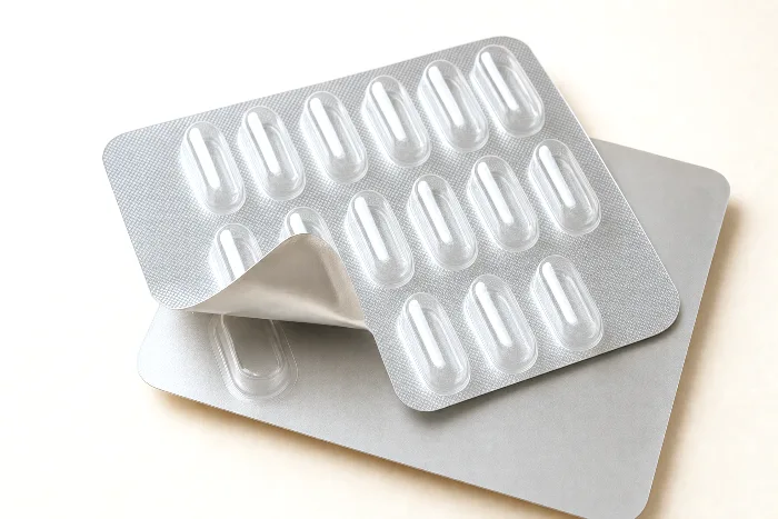 Empty clear blister sheet with foil lidding peeled back at one corner, a second blank foil sheet offset beneath it.