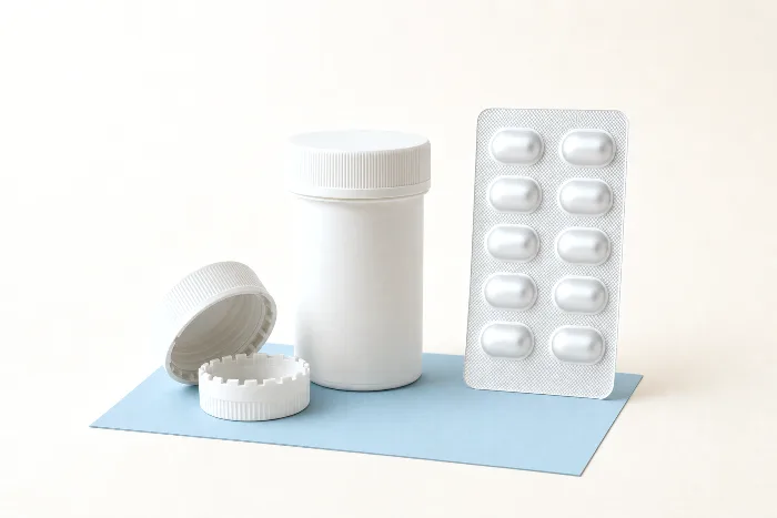 Upturned child-resistant cap showing its inner shell, next to a plain white bottle and a blank unit-dose blister card.
