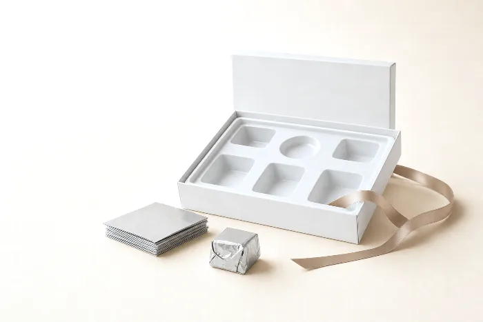 Open blank rigid box with an empty formed insert, blank foil squares, a foil twist-wrapped piece, and a satin ribbon on warm paper.