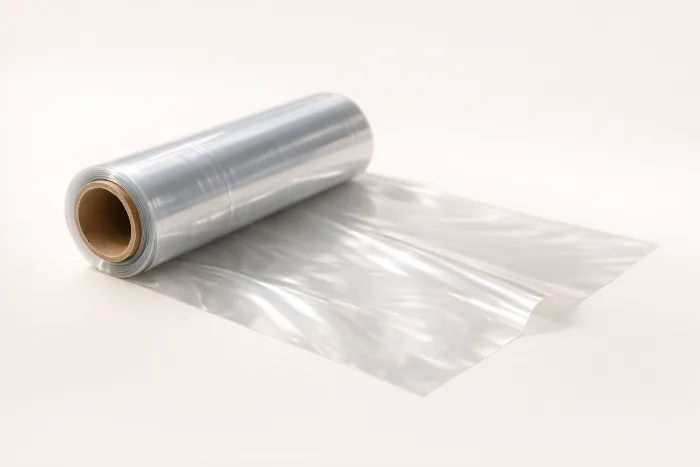A partly unrolled roll of clear and lightly metallic plastic packaging film catching soft studio light.