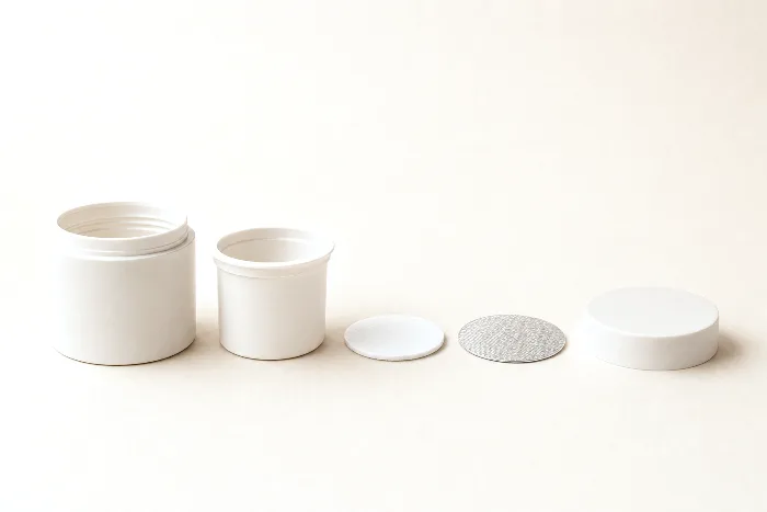 Disassembled blank double-wall jar: outer shell, inner cup, foam liner disc, foil seal disc, and lid in a row on warm paper.
