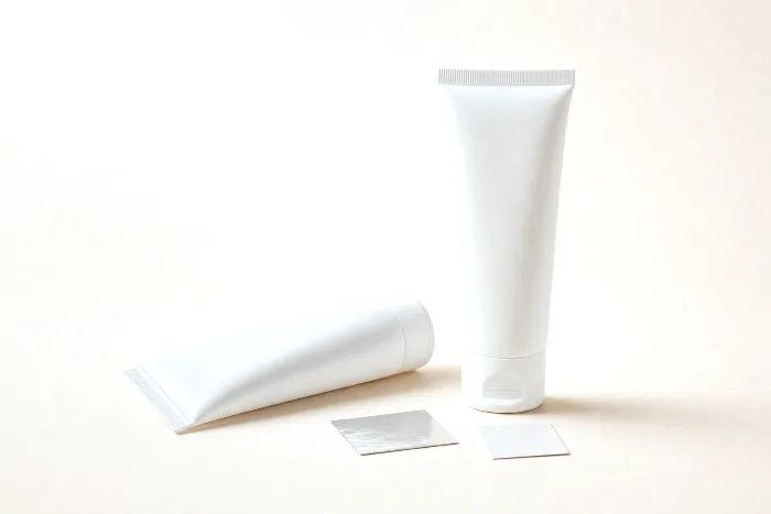 Blank extruded tube standing beside a laminate tube squeezed flat with a visible side seam, and two cut material swatch squares.