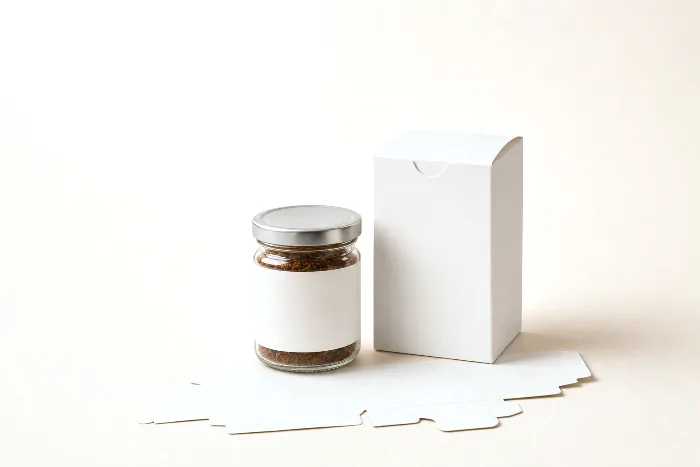 A plain glass jar with a blank white label beside a custom-shaped blank white carton and its flat die-cut blank.