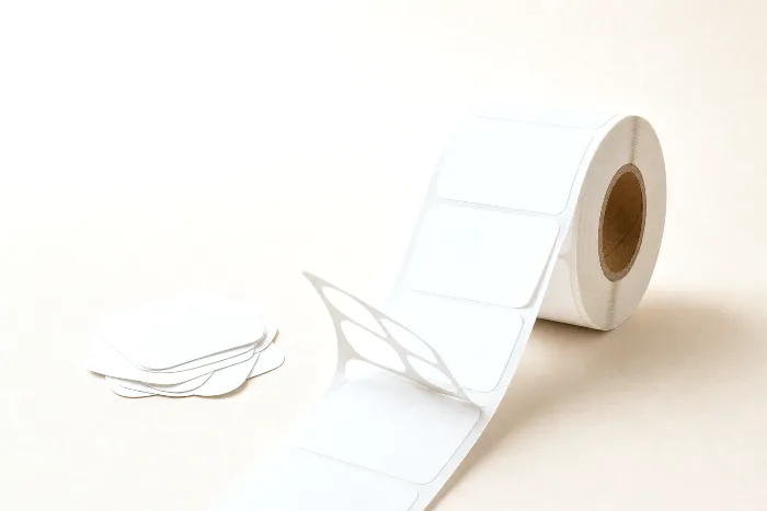Blank label roll with waste matrix peeled back, beside a loose pile of individually die-cut blank stickers on a paper surface.