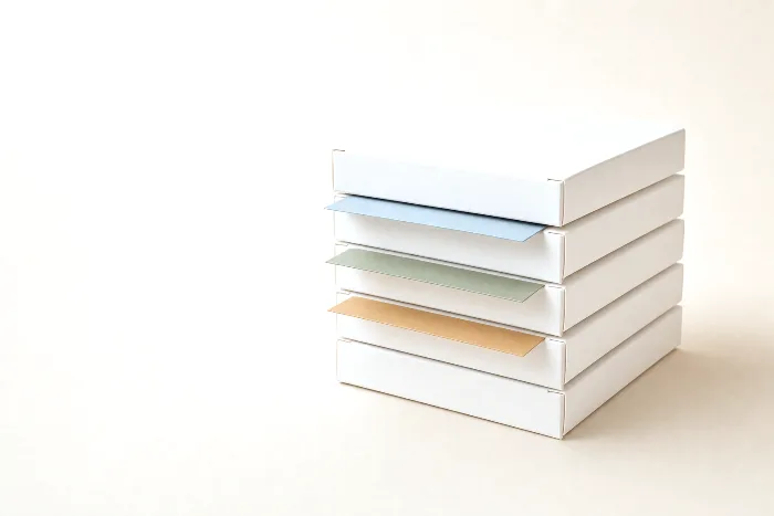 A short stack of blank white folding cartons with small colored paper cards separating the tiers into three groups.