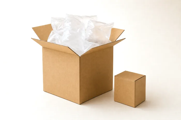 Large open blank kraft box overflowing with clear air pillows beside a much smaller closed kraft box.