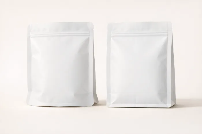 Two blank stand-up pouches: the left with a rounded doyen bottom, the right with a squared, boxy K-seal base.