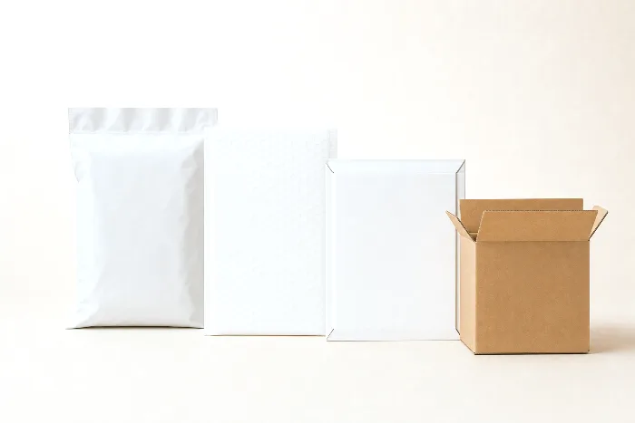 Blank poly mailer, padded mailer, rigid mailer, and small open kraft corrugated box arranged in a row.