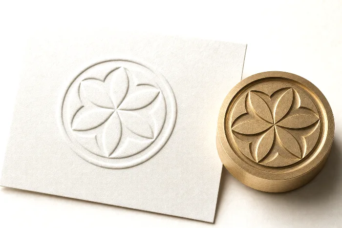 Close-up of a raised embossed medallion on a blank uncoated card, with a brass embossing die lying beside it.
