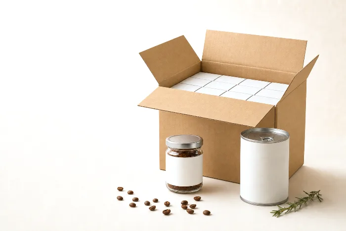 Open kraft master carton packed with small blank white cartons, three more stacked beside it, pencil tick marks tracing its footprint.
