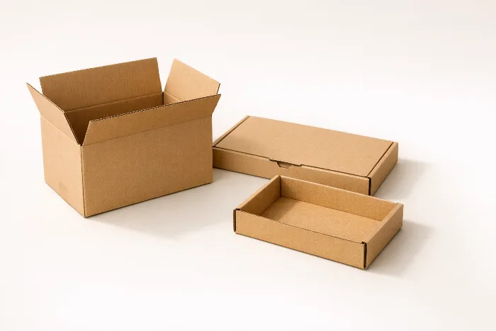 Three blank brown corrugated boxes in different styles — a slotted shipping box, a mailer, and a tray.