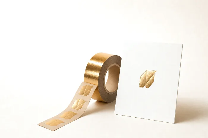 A gold foil ribbon roll with punched-out shapes in its spent carrier, next to a blank card bearing a shiny foiled geometric emblem.