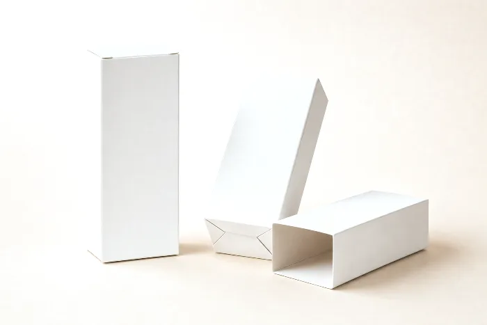 Three blank white cartons: an upright tuck-end box, one tipped to show its auto-bottom base, and a sleeve on its side.