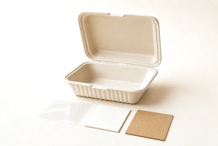 Open blank molded-fiber clamshell with three small material swatch squares lined up along its front edge.