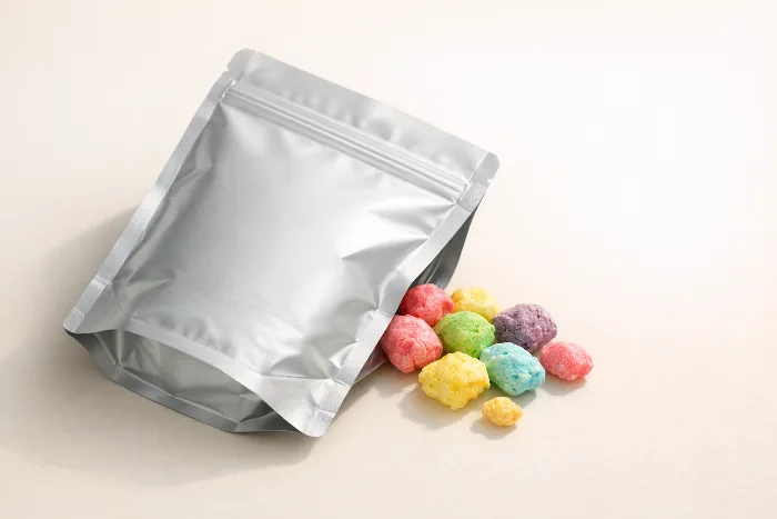 A blank silver mylar stand-up pouch with a resealable zipper beside a few colorful freeze-dried candy pieces.