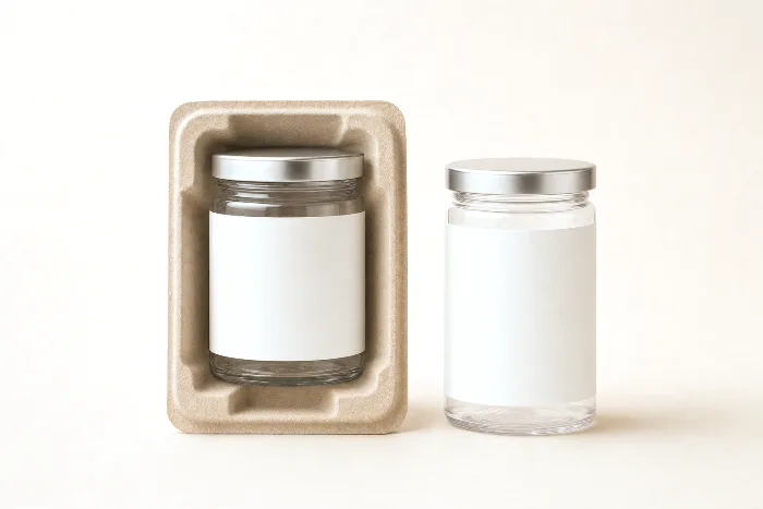 Two identical blank clear bottles side by side; the glass one rests in a molded pulp tray corner, the plastic one stands on bare paper.