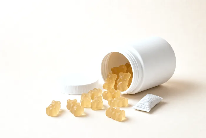 Unlabeled clear jar with cap set aside, blank foil liner disc leaning on it, small desiccant canister and scattered silica beads.