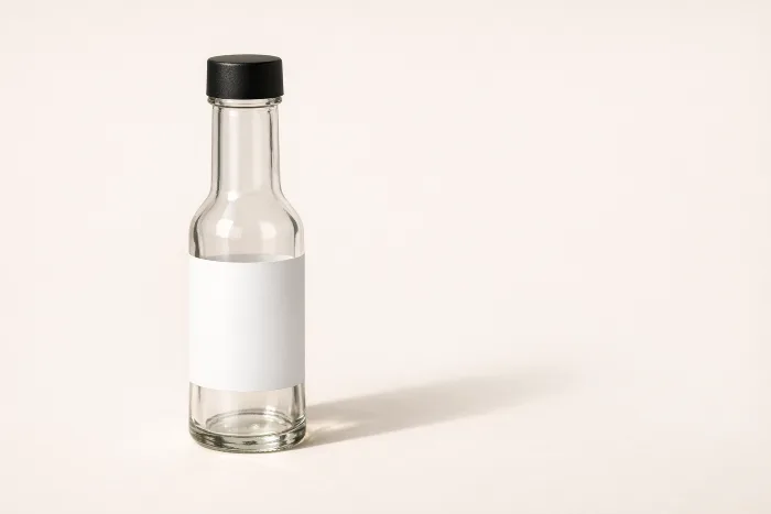 An empty clear glass woozy hot-sauce bottle with a plain black cap and a blank white label area.