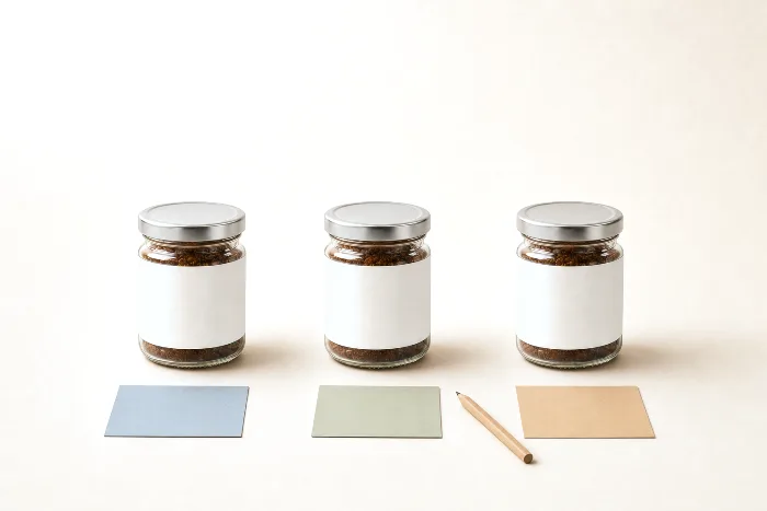 Three blank white jars in a row on warm paper, each with a small colored card in front; a pencil tick marks the middle jar.