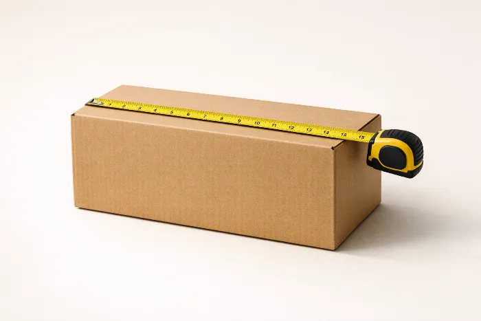 A blank corrugated shipping box with a yellow tape measure extended along its length.