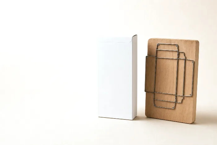 A blank white folding carton standing beside a wooden steel-rule cutting die block leaning upright on warm paper.