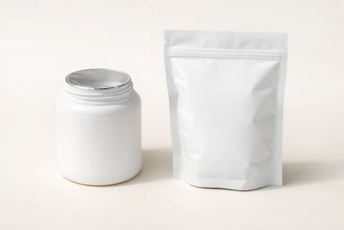 A blank white jar with its cap off revealing a foil induction seal, beside a sealed flexible pouch.