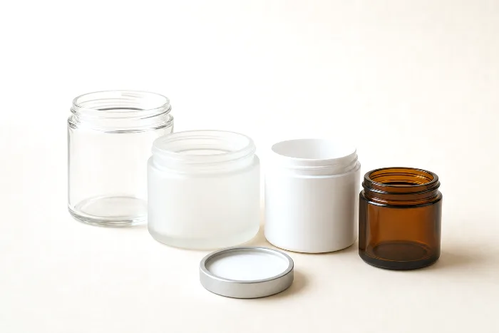 An open wide-mouth glass jar with its lid and a foil seal disc beside it; a straight-sided jar and a square jar stand behind.
