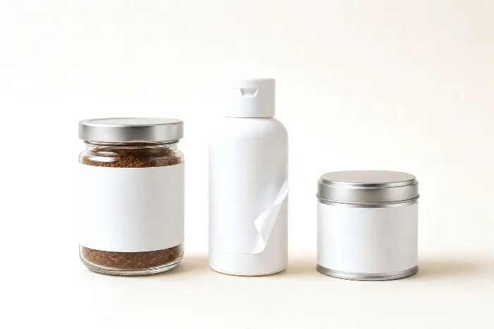 Glass jar, plastic bottle, and metal tin each wearing a blank label; the bottle's label curls back at one corner showing its adhesive side.