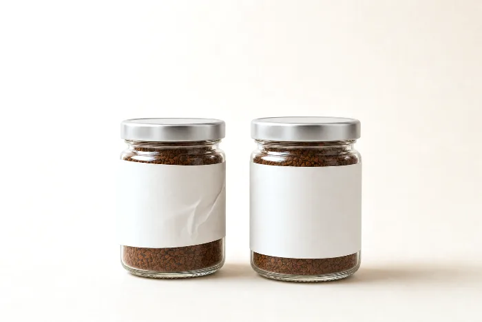 Two blank glass bottles, one with a crooked wrinkled blank label and one with a level label, a small label roll lying between them.