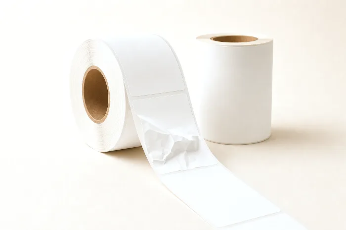 Roll of blank labels on a kraft core with the liner web unspooled, one label half-peeled and a small tear in the liner at a label edge.