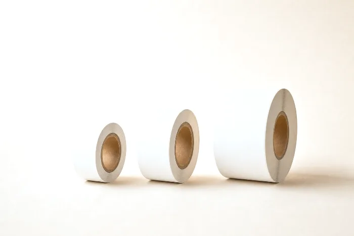Three blank label rolls of increasing diameter with kraft cores facing forward, an empty core and steel calipers resting in front.