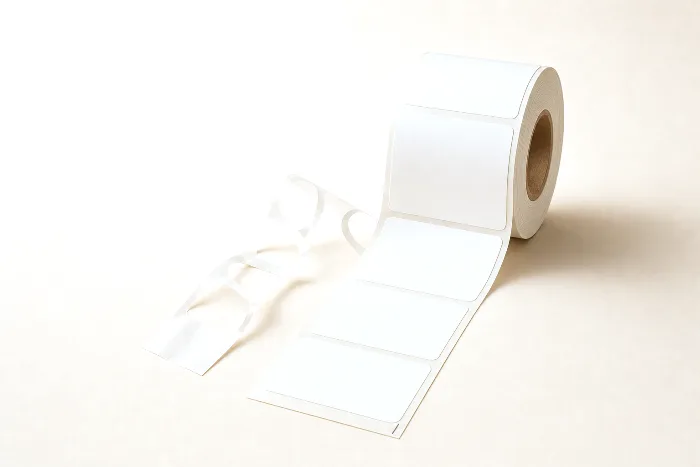 Partially unwound roll of blank white labels on a kraft core, waste matrix peeled back to show rows of die-cut label blanks.
