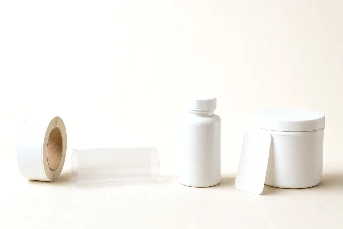 A roll of blank labels, a flattened clear film sleeve, a bare white bottle, and a blank film piece leaning against a plain plastic tub.