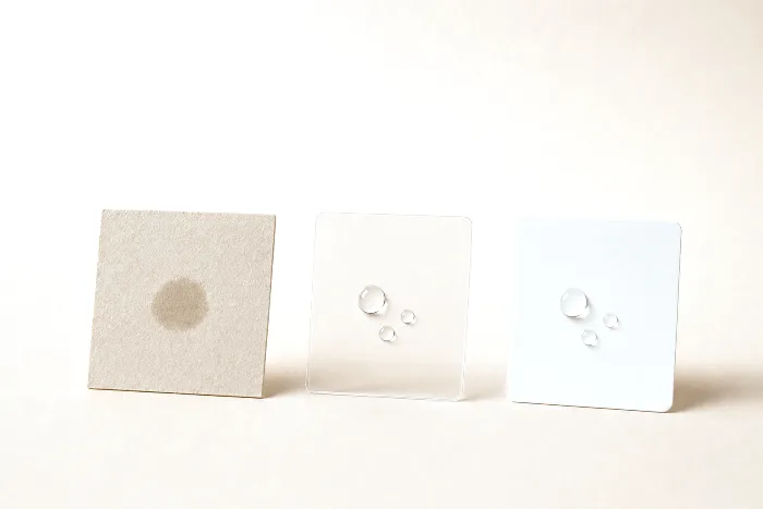 Paper, clear film, and white vinyl swatch squares with water droplets; the drops bead on the films and soak into the paper.
