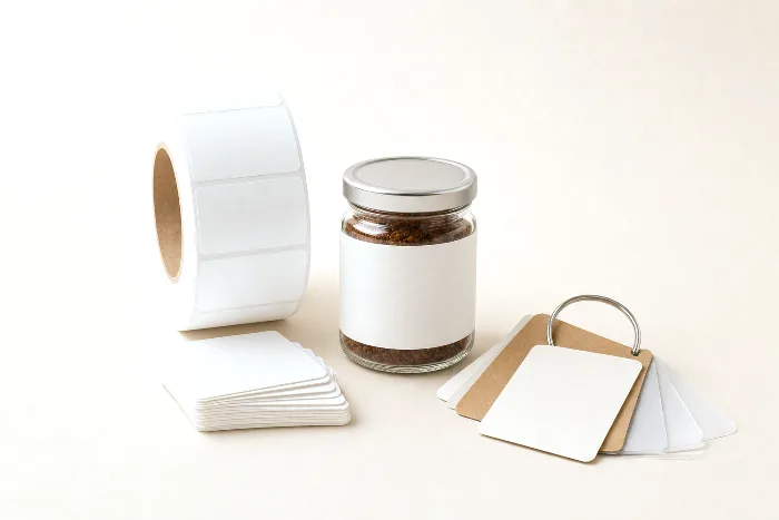 Still life of a blank label roll, a stack of die-cut blank labels, a glass jar wearing a blank label, and fanned material swatches.