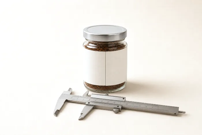 Blank white label wrapped around a clear glass jar with a slim gap where the ends meet, and an open caliper lying in front.