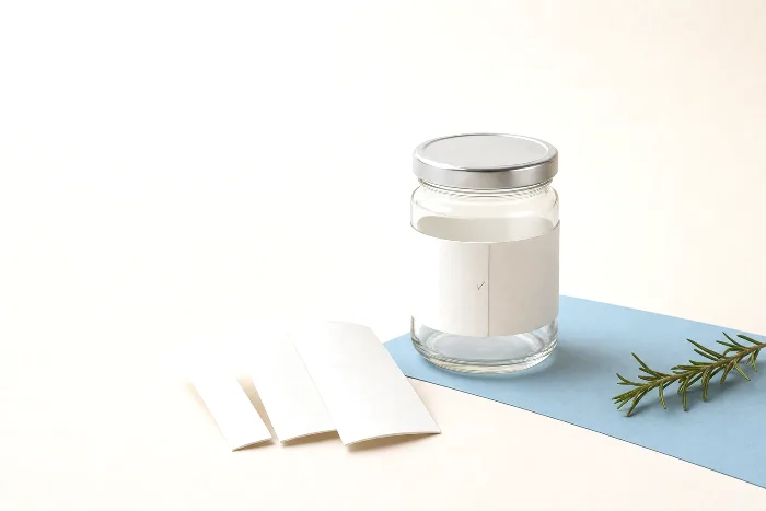 Paper strip wrapped around a blank glass jar, pencil tick at the overlap, three blank labels of graduated widths fanned beside it.