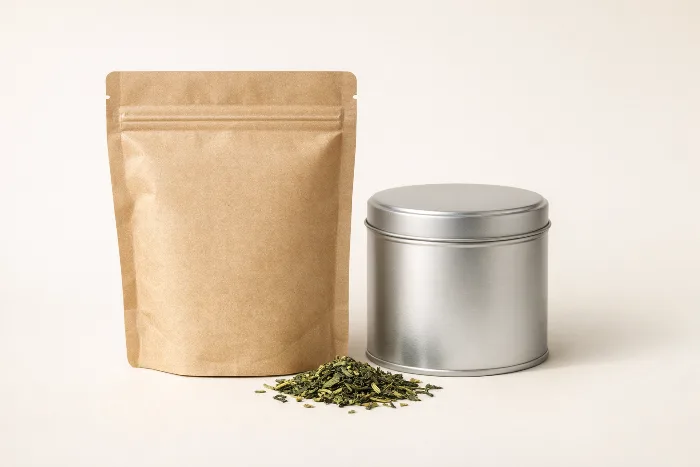 A blank kraft stand-up pouch and a plain tea tin with a scatter of loose green tea leaves.