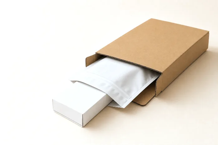 Small blank white carton emerging from a clear poly bag, which emerges from a kraft corrugated box, telescoped along a diagonal line.